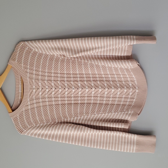 Cupio Sweaters - Cupio Pink White Striped Crewneck Long Sleeve Cable Knit Sweater Large